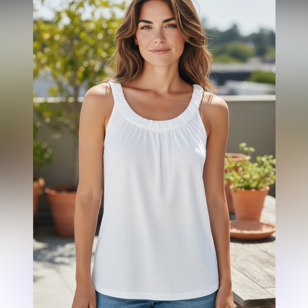 Ann Taylor White Ruched Scoop Neck Tank Top | Size S